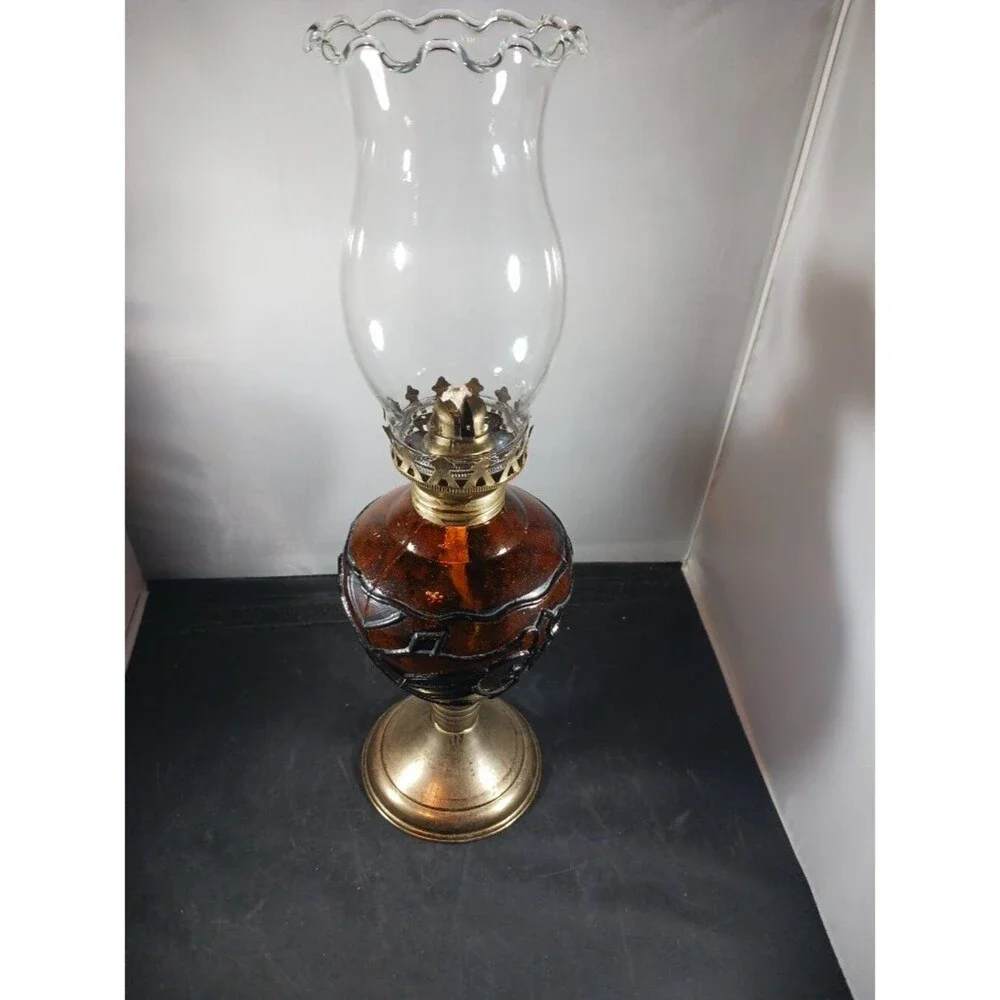 Vintage Large Amber Glass Oil Lamp